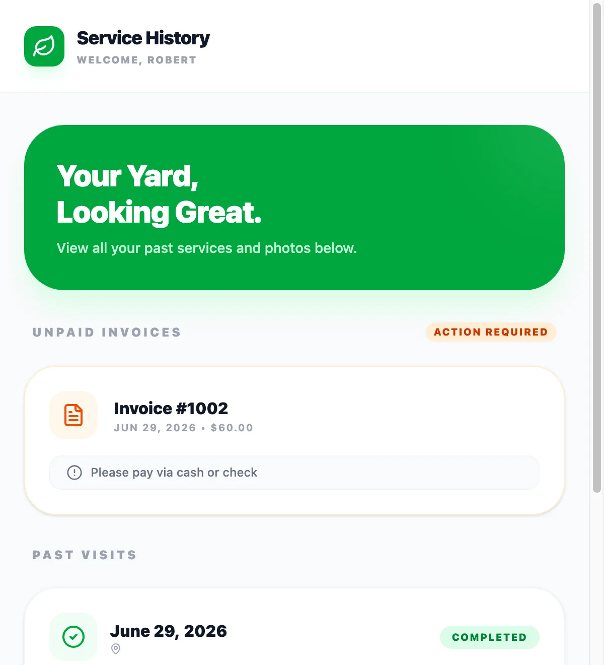 Customer portal showing service history and an unpaid invoice.