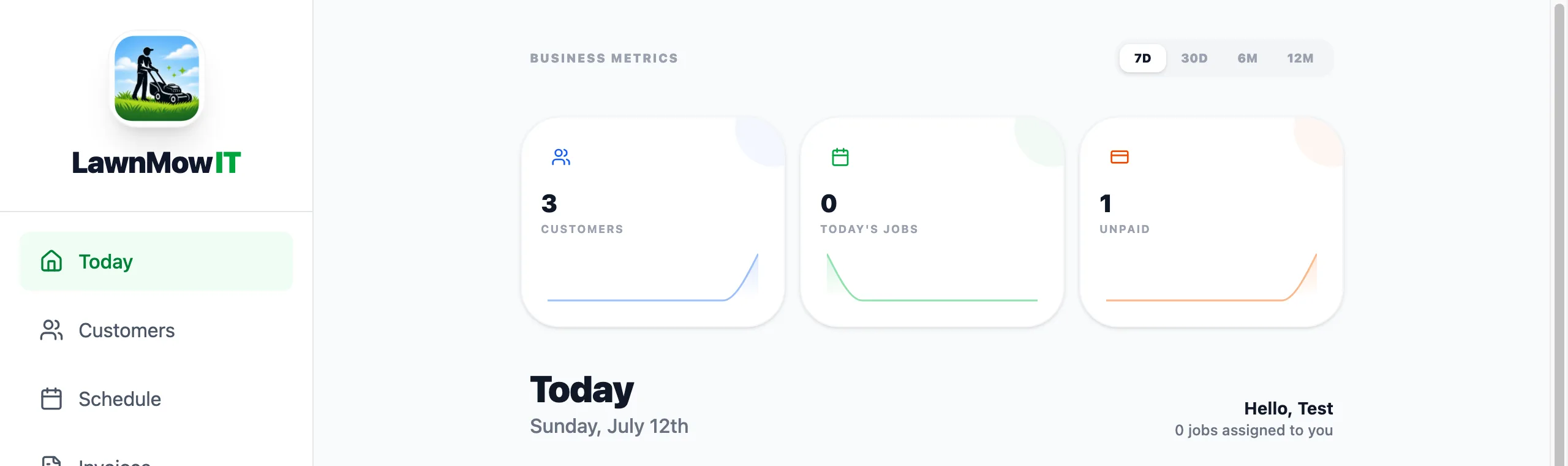 LawnMow IT dashboard showing customer count, today's jobs, and unpaid invoices at a glance.