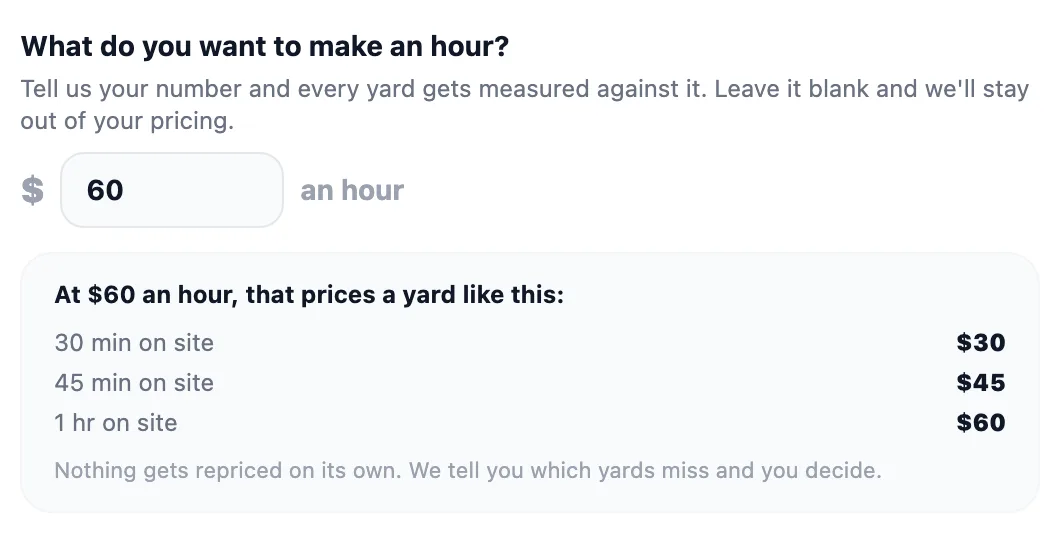 LawnMow IT settings: an hourly rate of $60 prices a 30 minute yard at $30, 45 minutes at $45 and an hour at $60.