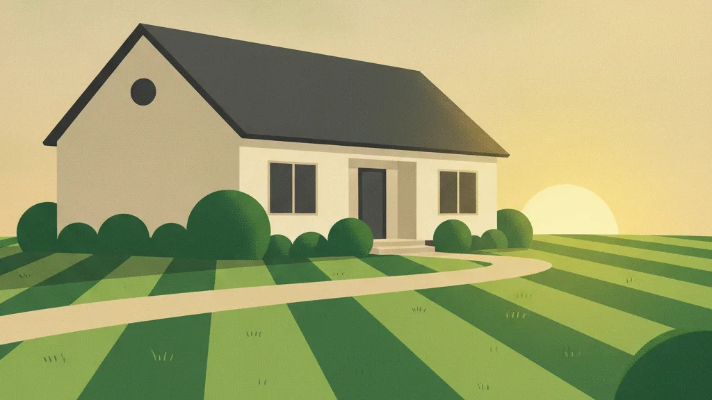 The same house late on a sunny afternoon, its lawn freshly cut in neat mowing stripes.